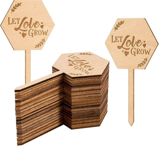Let Love Grow Succulent Tags Wedding Favors, PARBEE 20PCS Hexagon Plant Sticks Wooden Stake Signs for Wedding Bridal Shower Baby Shower Anniversary Succulent Party Favors