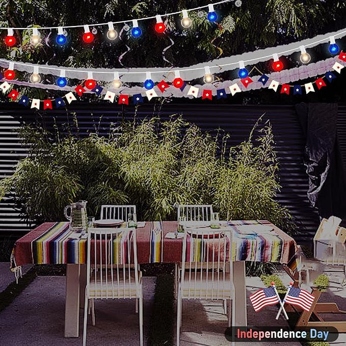 4th of July Decorations Lights Outdoor, 25Ft Red White and Blue Lights with 25 G40 Light Bulbs, Plug in G40 Patriotic Light for Indoor Independence Day Party Memorial Day-White