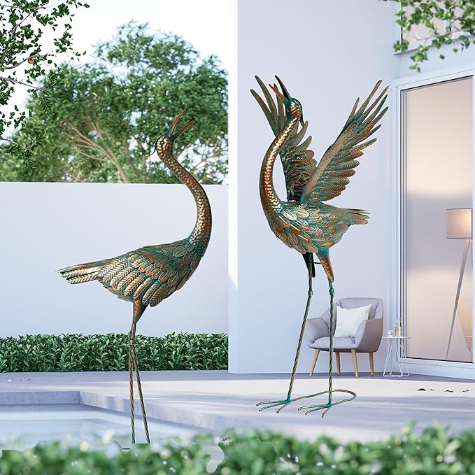 chisheen Crane Garden Statues Outdoor Metal Heron Yard Art Crane for Garden Sculptures Patio Lawn Ornaments,Set of 2