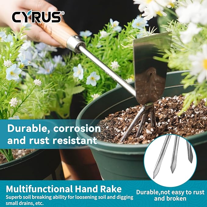 CYRUS Garden Tool Set,3 Piece Garden Shovel,Includes Hand Trowels, Transplanting Shovel and Hand Rake with Ash Wood Handle for Planting, Weeding, Maintaining Lawns and Gardens
