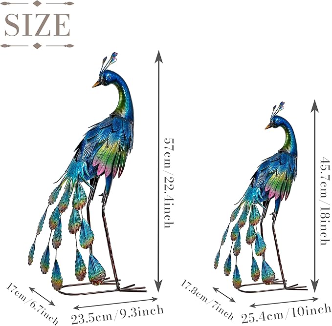 TERESA'S Collections Outdoor Decor Peacock Yard Art Garden Sculptures & Statues,Blue Small Metal Bird Lawn Ornaments,22.4" Outside Mardi Gras Decorations for Porch,Patio,Pond Decor,Gifts for Mom