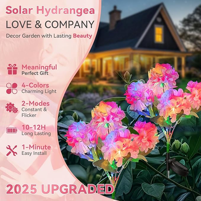 Neporal Solar Flowers Outdoor Waterproof IP65, 2PK 5-Head Hydrangea with 4-Color Light & 2 Lightning Modes, Solar Garden Lights Outdoor Waterproof for Garden, Yard,Pathway, Gardening Gifts for Women