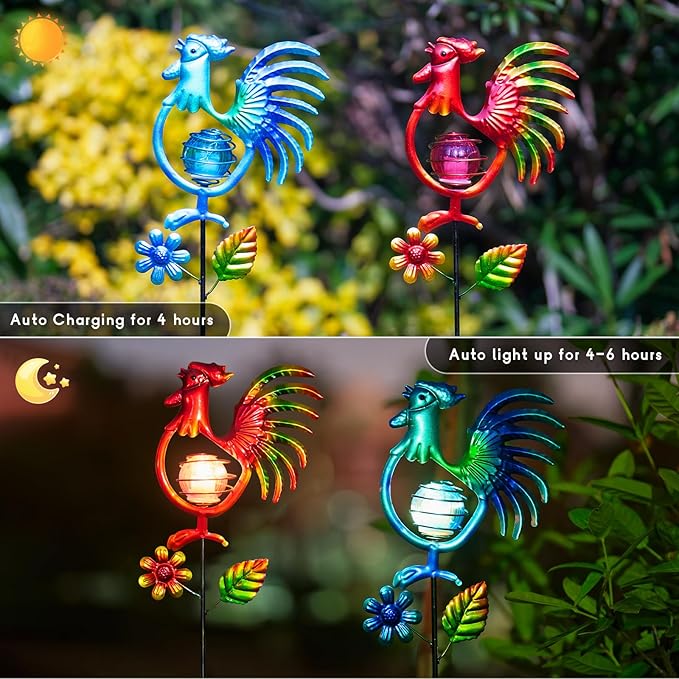 Rooster Solar Garden Lights, 2 Pack Metal Solar Stake Light, 27" H Outdoor Chicken Statues Figurine Lights for Spring Garden Lawn Patio Yard Decoration