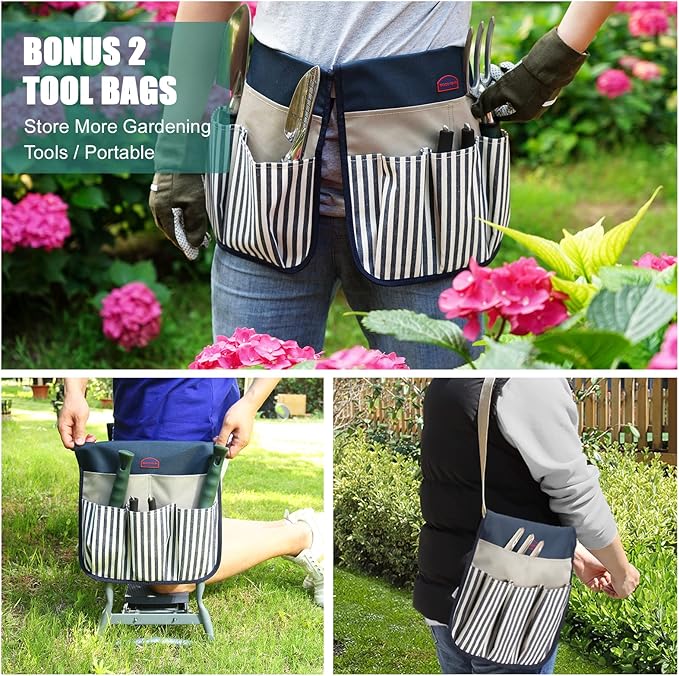 G GOOD GAIN Gardening Stool Widen Soft Kneeling Pad Garden Kneeler and Seat with 2 Larger Tool Pouches Outdoor Foldable Sturdy Gardening Tools Gifts for Gardeners, Navy