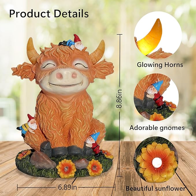Solar Garden Statue Highland Cow Figurine with Funny Gnomes Garden Outdoor Decor for Yard Patio Lawn Christmas Housewarming Gifts for Women,Mom,Grandma