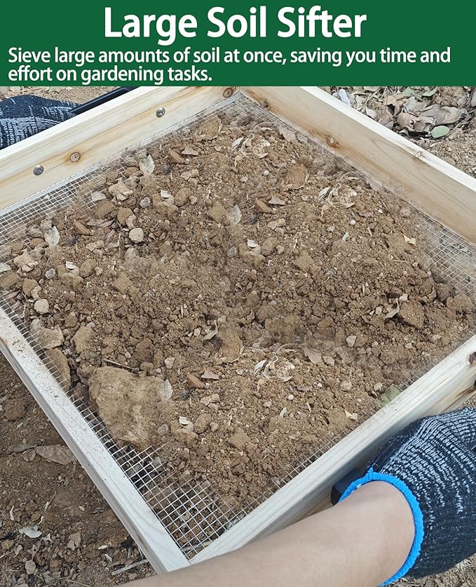 19" x 16" Large Soil Sifter, Soil Sifter for Gardening, Wooden Compost Sifter, Dirt Sifter, Rock Sifter, Soil Sieve with 1/4in Sifting Screen, Sifting Peat Moss Gravel for Wheelbarrow Trowel Tool Set