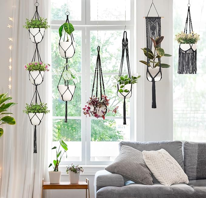 Mkono Macrame Plant Hangers, 6 Pack Indoor Hanging Planters for Plants with 6 Hooks Decorative Hanging Basket Flower Pots Holder Stand in Different Sizes for Modern Home Decor, Black