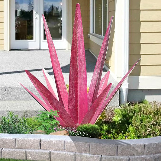 Large Tequila Rustic Sculpture, Rustic Metal Agave Plants for Outdoor Patio Yard, Home Decor Hand Painted Metal Agave Garden Yard Statue, Outdoor Lawn Ornaments Yard Stakes (Rose Red - M)