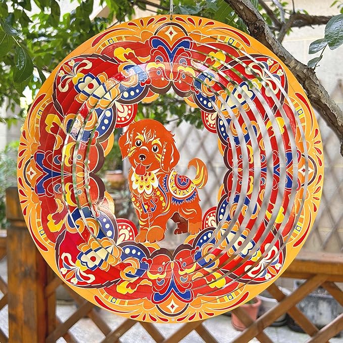 Dog Wind Spinner Colorful 12 inch 3D Stainless Steel Laser Cut Metal Double Sided Printing-Hanging Indoor/Outdoor Decorations Yard Gardening Decor,Metal Kinetic Art Ornament Gifts