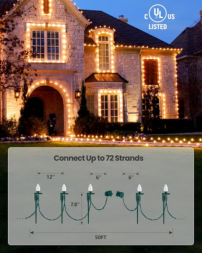 SURAIELEC C9 Christmas Pathway Lights, Walkway Christmas Lights with Warm Bulbs, Total 50 FT 50 LED, Extendable String Lights for Yard, Sidewalk, Driveway Holiday Decor, Waterproof, UL Listed