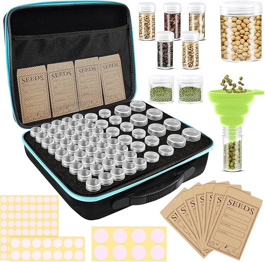 65 Slots Seed Storage Organizer with 20 Seed Envelopes, Sturdy Seed Organizer Box with Zipper Bag Label Stickers 3 Sizes Storage Bottles (Seeds not Included), Seed Storage Container for Flower Plants