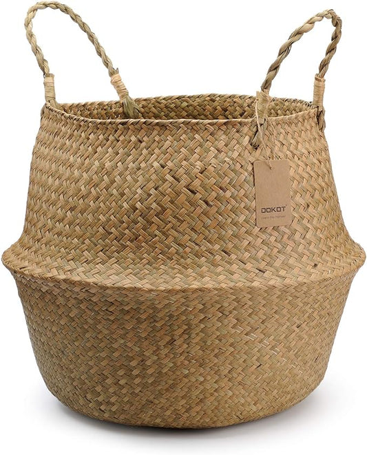 DOKOT Seagrass Plant Basket with Handles, Round Storage Wicker Basket (10.6inch Diameter x 12.5inch Height, Natural)