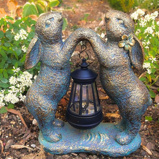 Garden Statues Rabbit with Solar Lantern, Outdoor Bunny Figurines Decorations for Patio Yard Lawn Ornaments, Gifts for Mom/Grandma Birthday Easter Housewarming