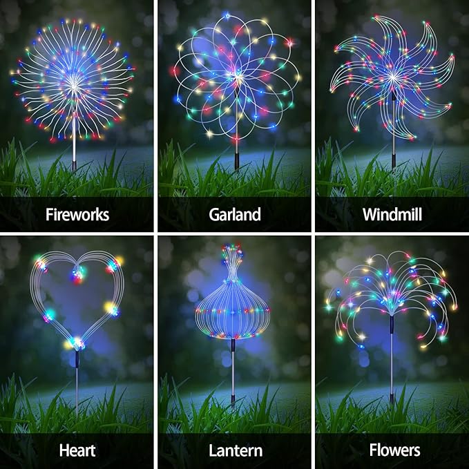 Solar Garden Firework Lights Outdoor 8 Pack, 8 Modes, 120 LED Waterproof Copper Wire DIY Solar Decorative Lights with Remote Control, for Yard Pathway Party Decor