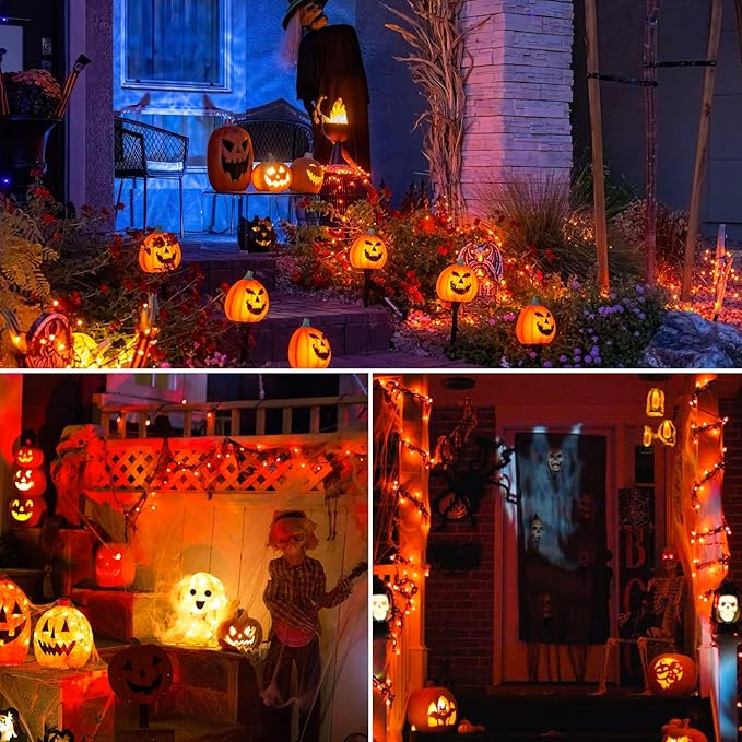 Orange Halloween Lights, 2 Pack Each 75.5Ft 200 LED Orange String Lights Outdoor, 8 Modes Solar Orange Lights for Thanksgiving Yard Tree Fall Christmas Halloween Decoration