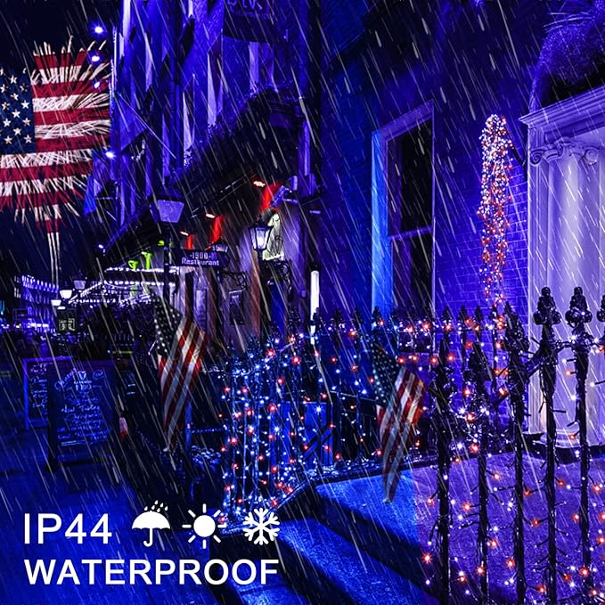 JMEXSUSS 4th of July Decorations 250 LED Red White and Blue Fairy String Lights, 4th of July Lights Outdoor with 8 Modes, 91.5ft Connectable Patriotic Lights Waterproof for Home Yard Patio Party Decor