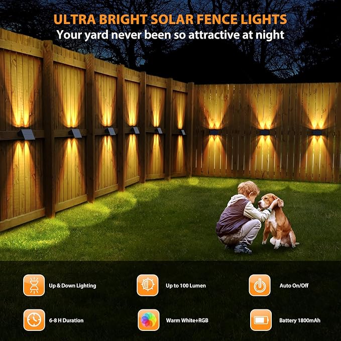 Solar Fence Lights,6Pack Solar Lights Outdoor Warm White + RGB Up & Down Waterproof 100 Lumens Dusk to Dawn for Wall/Backyard/Pool/Railing/Patio/Porch/Step