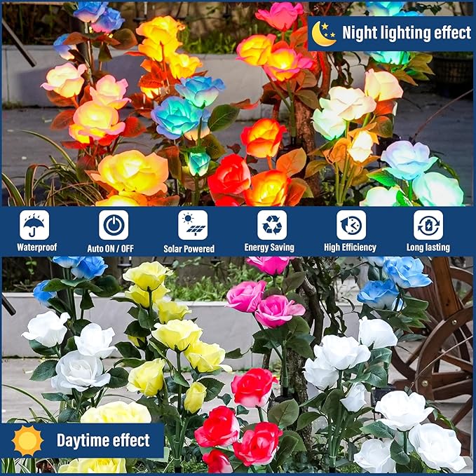 TONULAX Solar Garden Lights - Upgraded Outdoor Light, 7-Color Changing Rose Lights for Yard,Garden Decoration, Enlarged Solar Panel, More Realistic Rose Flower (2 Packs)