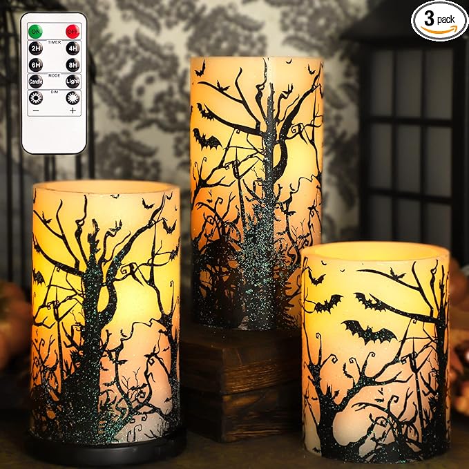 Halloween Decor Flameless Candles Set of 3 Black Spooky Bats Decal Flickering Candles Battery Operated with Remote Real Wax LED Pillar Candles for Halloween Party Horrible Theme Decor