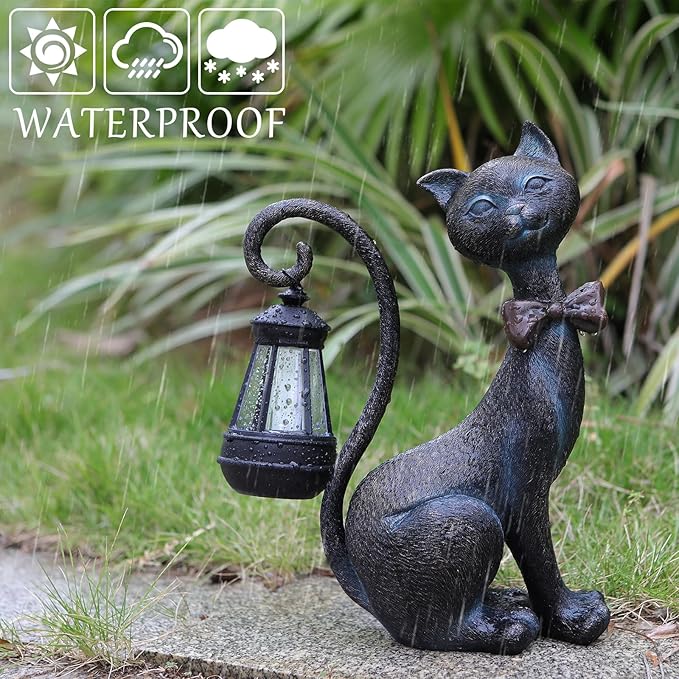 Whimsical Outdoor Cat Statues with Solar Garden Lantern:Cat Garden Statues for Outside Decor Clearance,Outdoor Figurine for Yard Art Lawn Ornaments Patio Balcony Home House - Valentines Birthday Gifts