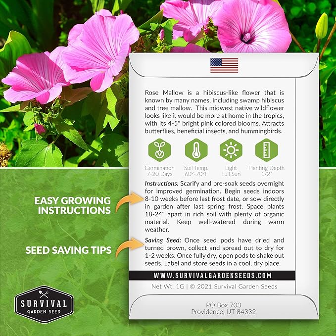 Survival Garden Seeds - Rose Mallow Seed for Planting - 5 Packs with Instructions to Plant and Grow Bright Pink Native Wildflower in Your Home Vegetable Garden - Non-GMO Heirloom Variety
