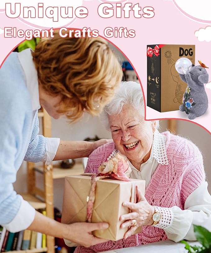 Solar Funny Dog Statue for Garden: Outdoor Sculptures with Ball Lights and Butterfly Clearance Lawn Ornaments Yard Porch Patio Balcony - Gifts for Mom Grandma