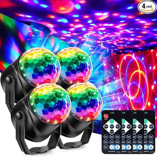 4-Pack DJ Disco Ball, Party Lights Sound Activated with Remote, Strobe Light for Home Room Dance Birthday Party Supplies, Stage Lamp for New Years Birthday Halloween Christmas Decorations