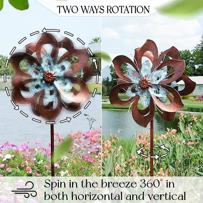 Garden Wind Spinner,Flower Wind Spinner,Outdoor Metal Wind Sculpture & Spinner Large 23 inch Dia 84 inch Height Kinetic Windmill for Garden Yard