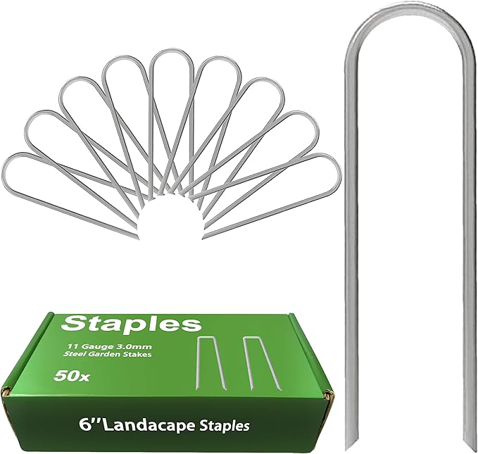 AAGUT 6 Inch Garden Pins 50 Pack Drip Irrigation Tubing Stakes Landscape Staples Heavy Duty 11 Gauge Securing Pegs Galvanized Lawn U Pegs for Soaker Hose, Chicken Wire, Weed Barrier Fabric, Dog Fence