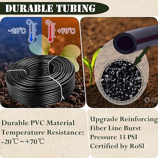 1/4in. Drip Irrigation Tubing - 200FT Drip Line Irrigation System Parts for Garden(Includes 1/4" Straight Connector, Ends, T Connectors, Cable Zip Ties)