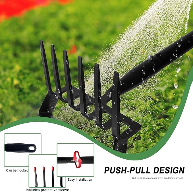 6-Tines Rake and Stirrup Hoe - Adjustable Long Handle Scuffle Loop Hula Action Hoe for Weeding, Digging, Loosening Soil, Stainless Steel Tiller Cultivator for Gardening, Raised Flower Beds Planting.