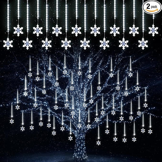 Enhon 2 Pack Meteor Shower Snowflake Lights Outdoor with Timer, Total 480 LED 12in 16 Tube Connectable Waterproof Meteor Rain Drop Christmas Light with Snowflake for Xmas Tree Roof Garden(Cool White)