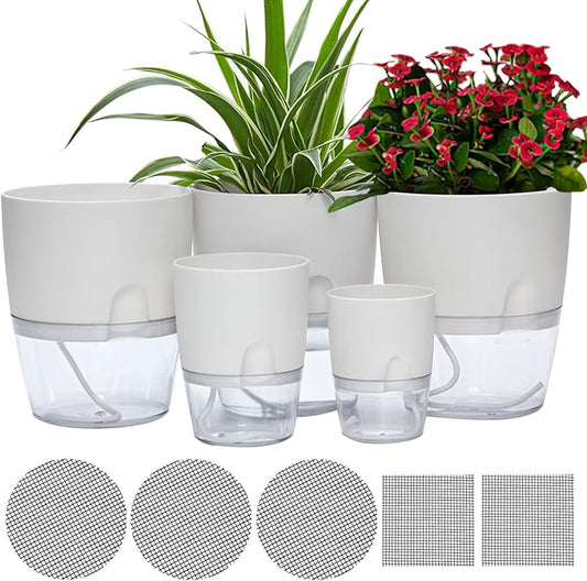 Self Watering Pots for Indoor Plants, 5 Pack 6/4.1/3.2 Inch Flower Pot Modern Decorative Plastic Planter with Extra Large Water Storage for All House Plants, Flowers, Herbs(White)