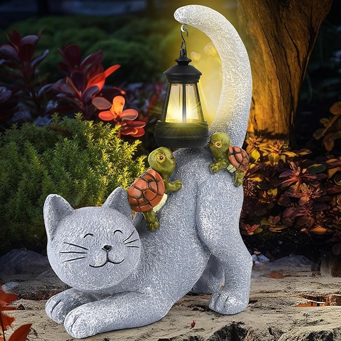 Solar Garden Decor Cat Figurine-Cat Outdoor Statue with Solar Lantern, Loving Turtle Garden Decor for Outside Patio,Porch,Yard, Backyard-Unique Housewarming Gifts for Mom Grandma Women