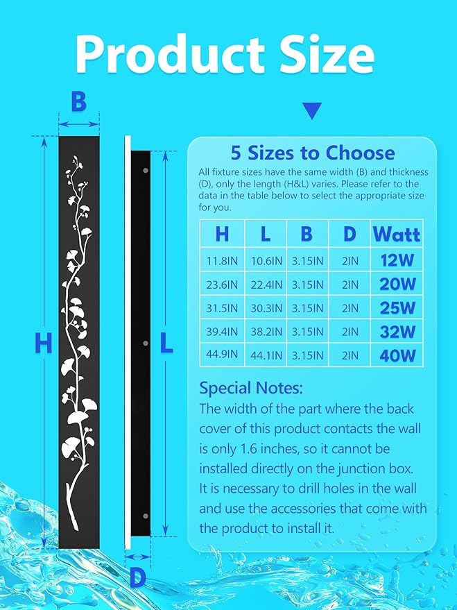 Modern Outdoor Wall Lights 11.8inch LED Long Wall Sconce 3000K Ginkgo Hollow Design Wall Mount Porch Lights 12W Exterior Lighting Fixtures for Patio Balcony Terrace Garden