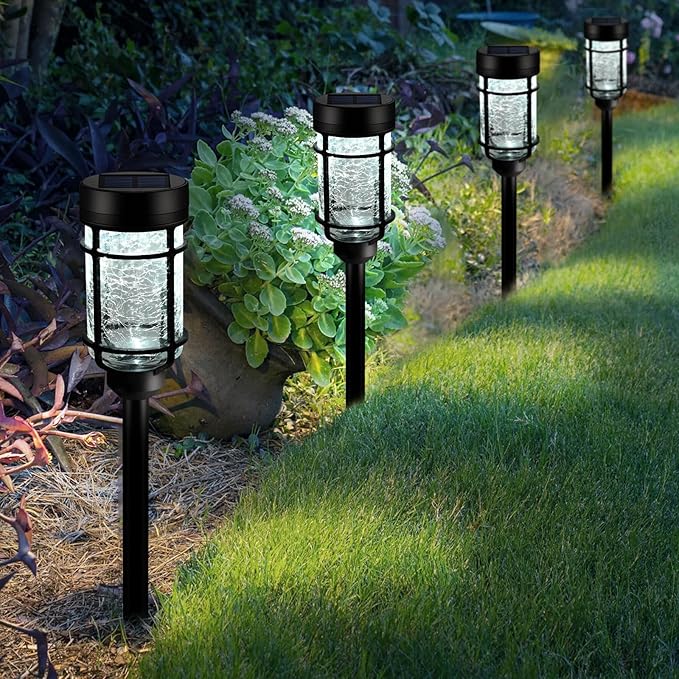 Solar Pathway Lights 8 Pack, Color Changing + Cool White LED, Waterproof Solar Crackle Glass Stake Lights for Garden Path, Walkway, Backyard, Lawn, Landscape Decoration
