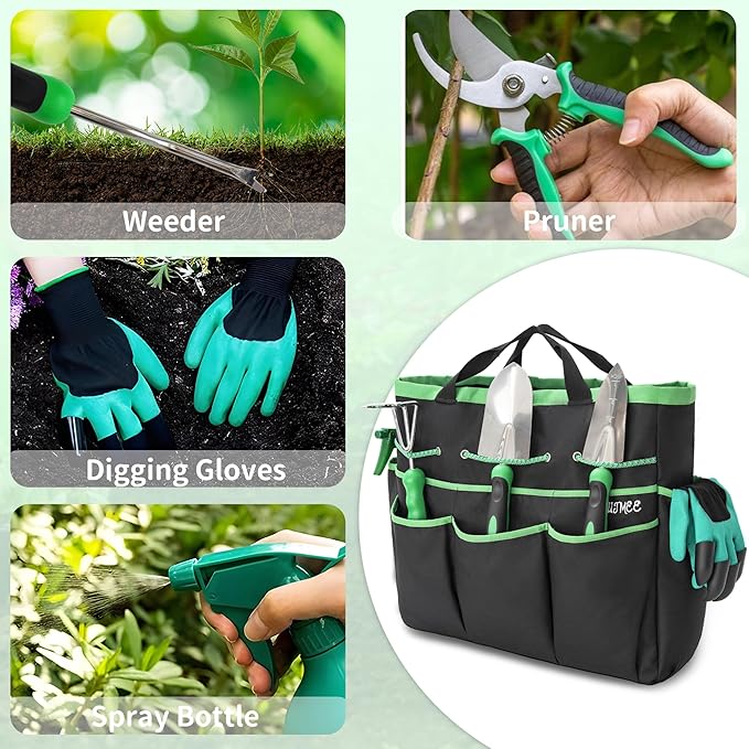 Garden Tool Set with Bag and Gloves, Heavy Duty Stainless Steel Gardening Tool Set, Ideal Gardening for Women and Men, Set of 9
