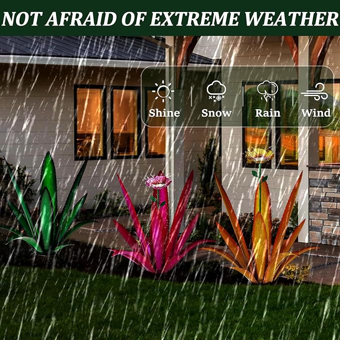 Upgraded Large Metal Yard Art, Metal Agave Plant Yard Decorations Outdoor Sculpture, Metal Flowers for Outside, Waterproof Outdoor Garden Decor (Yellow + Bird Feeder)