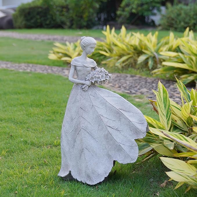 Guichifun Fairy Statue Collection Home Decoration - Grey Leaf Angel Girls Resin Home Decor for Outside or Inside Rustic Garden Outdoor Yard Decorations Figurines Gift 14.25 x 9 x 20.25 Inch