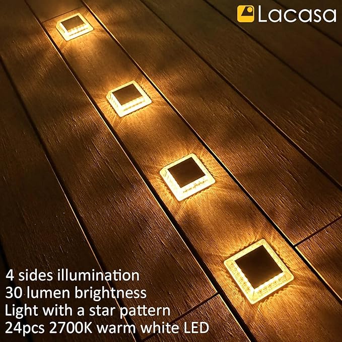 Lacasa Outdoor Solar Light, 4 Pack 30LM IP68 Waterproof Solar Garden Light Auto On/Off Solar Lighting for Stairs Paths Paths Paths Patio Deck Dock, Warm White 2700K