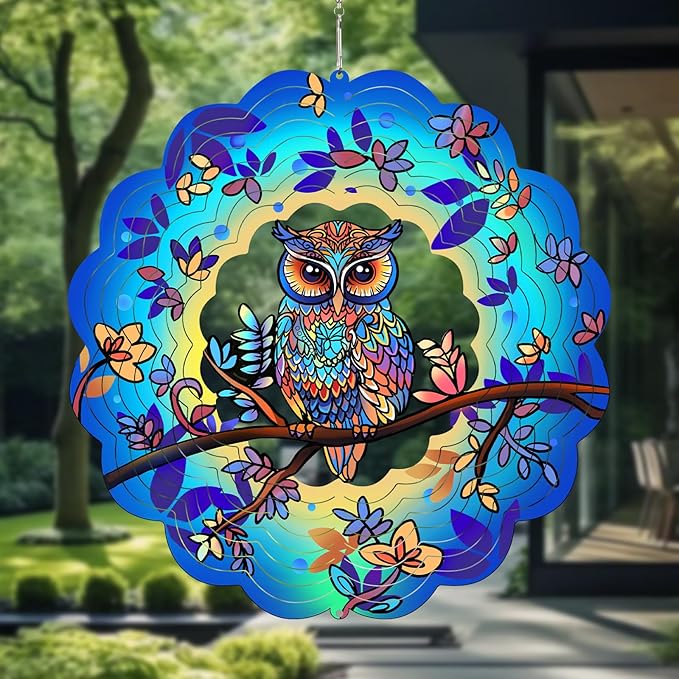 Owl Metal Wind Spinners Owl Gifts for Mom Women Grandma,12inch Hanging Wind Spinner for Outdoor&Indoor Decor Wind Kinetic Christmas Mother Ornament Gifts for Yard Garden Decoration