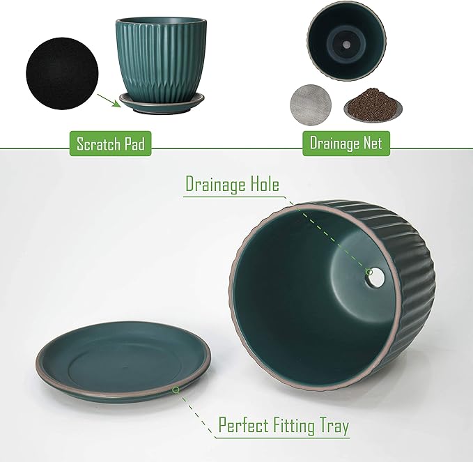 D'vine Dev Set of 2 Stoneware Planter Pots, Ceramic Pot with Drainage Hole and Saucers, 4.5 Inch 5.8 Inch, Dark Blue Green, 99-D-4