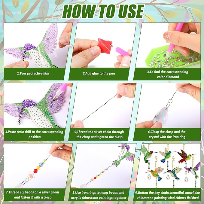 Tradder 6 Pcs Diamond Art Kits 5d Rhinestone Painting Wind Chimes Art Sun Catchers Double Sided Hummingbird Birds Art Kits with Crystal Pendant for Adults Home Window Decor Garden