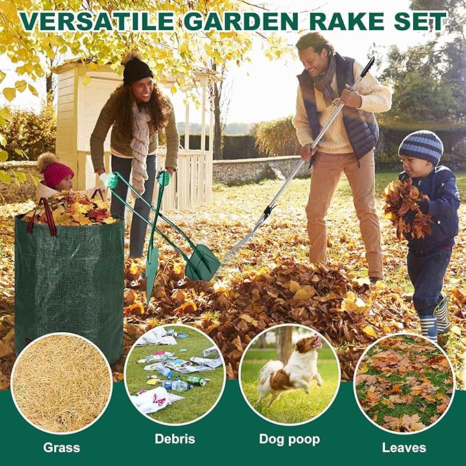 Leaf Grabber and Leaf Rake Set Includes Leaf Scoops with Long Handle, Adjustable Metal Leaf Rake, 79 Gallon Reusable Yard Waste Bags and Work Gloves, Leaf Collector Yard Tools