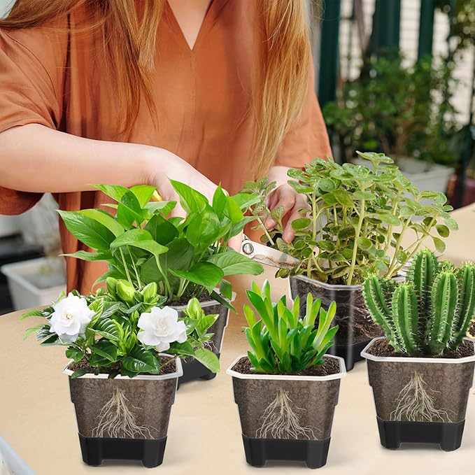 30 Packs 4 Inch Reinforced Clear Nursery Pots for Plants, Plastic Plant Pots with Silicone Base for Easy Transplant, Reusable Seedling Planting Pots Seed Starter with Drainage Holes (30, Black)