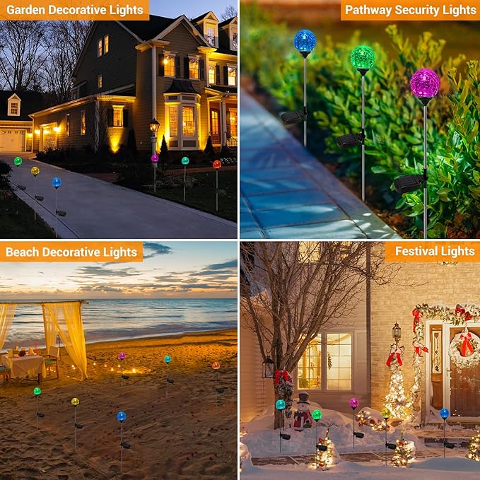 OxyLED Solar Globe Lights Outdoor 4 Pack Garden Stake Lights Waterproof Cracked Crystal LED Color Changing Solar Pathway Lighting Auto On/Off for Landscape Patio Yard Christmas Decoration