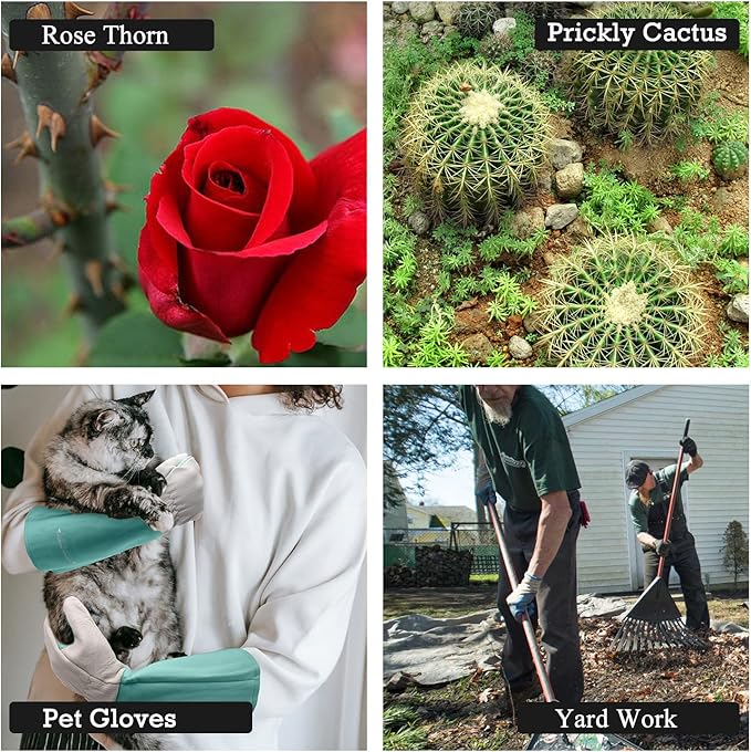HANDLANDY Long Gardening Gloves for Men & Women, Thorn Proof Rose Pruning Gloves Leather Gauntlets Garden Gloves Yard Work Gloves (Small, Green)