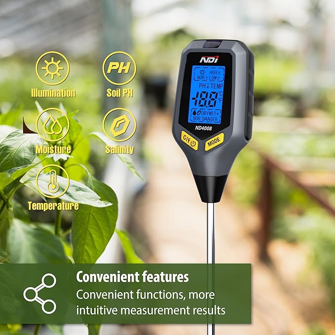 NDI Soil Moisture Meter,5-in-1 Soil Test Kit Tool with Moisture,Light,PH,Temperature and Salinity for Gardening, Farm, Lawn, Indoor & Outdoor Plants.