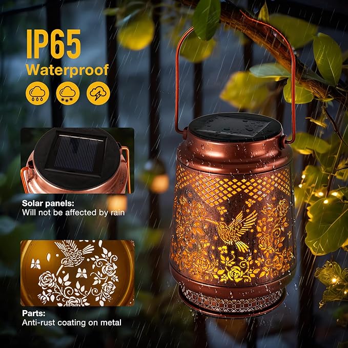 Solar Lanterns Outdoor Waterproof, Hummingbird Solar Lights Outdoor, Garden Decor Hanging Metal Lantern, Garden Lights for Yard/ Patio/Porch/Lawn, Decorative Gifts for Mom/Women