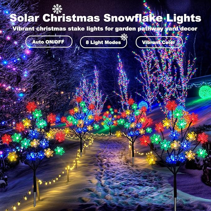 4-Packs 80LEDs Solar Snowflake Christmas Stake Lights, 8 Modes Wonderland Solar Snowflake Lights for Outdoor Christmas Decorations, Waterproof Solar Christmas Lights for Garden Yard Pathway Walkway